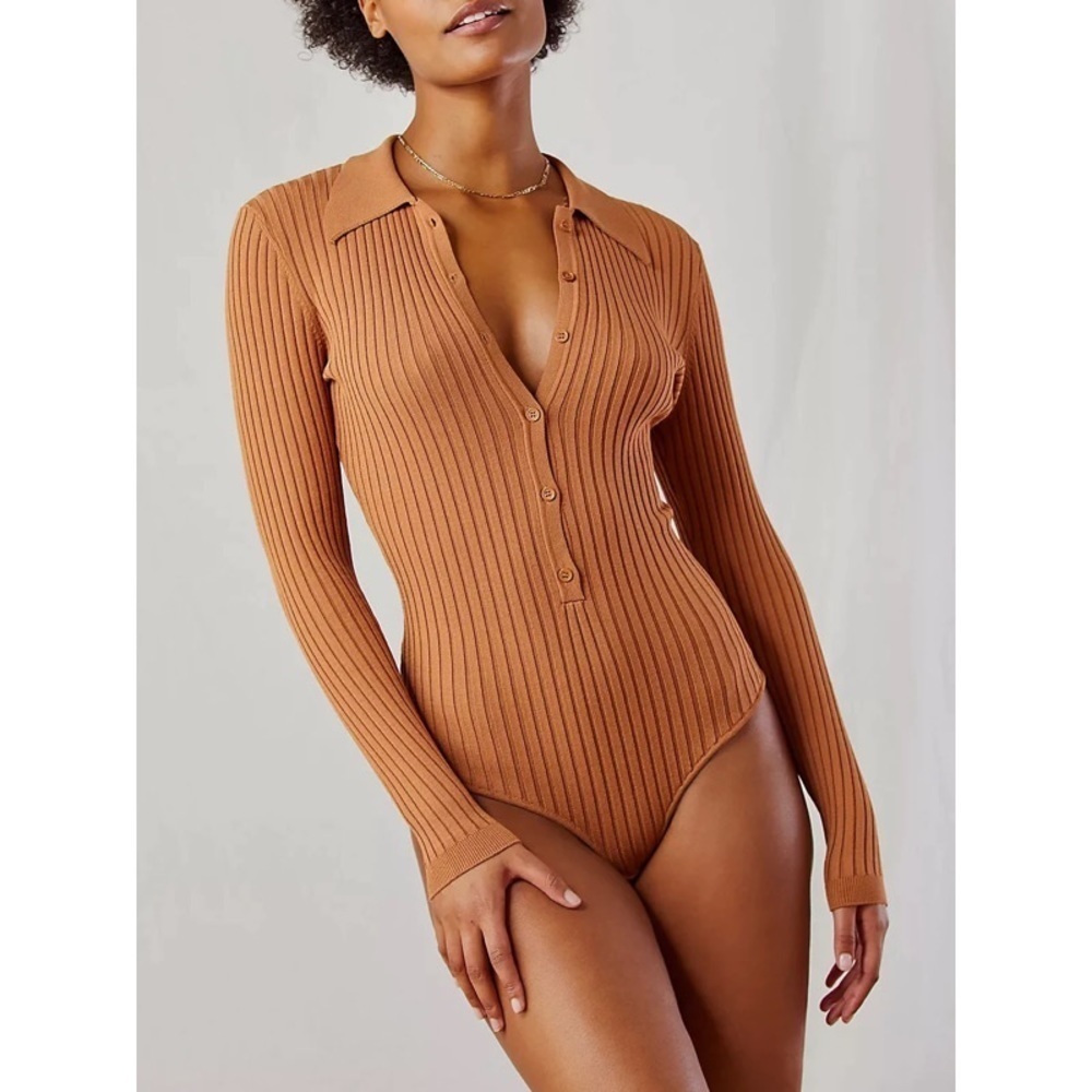 Ronny Kobo Cognac Brown Ribbed Long Sleeve Collared Cyndie Knit Bodysuit EUC S